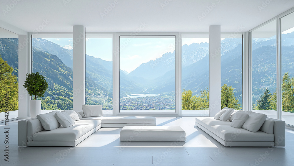 Fototapeta premium Modern White Living Room with Summer View