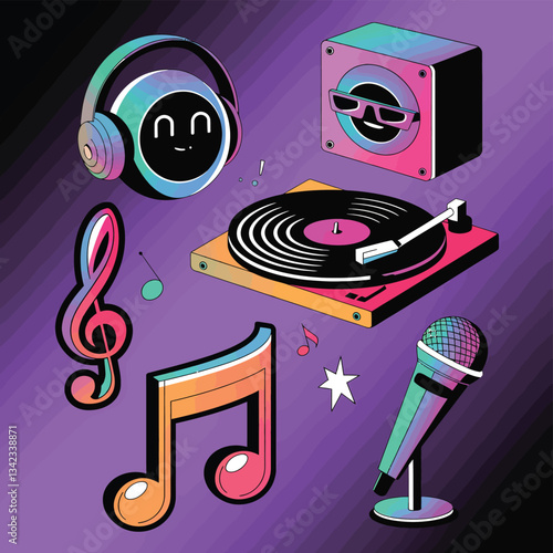 2d vector illustration icon cool entertainment cartoon character  music tools (Drum , Music Note , Headphones ,Microphone , Piano , Guitar ,Record) 
