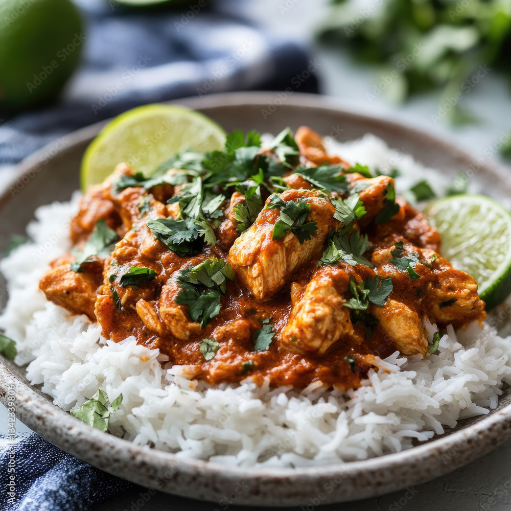 Chicken curry on rice with cilantro and lime wedges in bowl Chicken curry on rice with cilantro and lime wedges in bowl