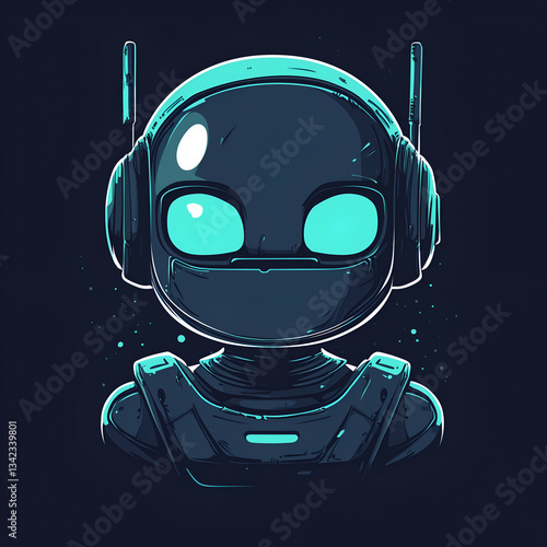 Futuristic Robot Character in Blue Headphones: Digital Illustration of a Cute Cartoon Design