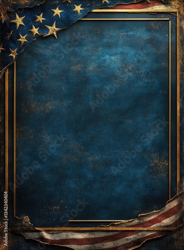 Textured dark blue background with gold American flag design, vintage frame, distressed effect, patriotic theme, empty space