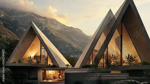 Modern triangular homes nestled in a mountainous landscape during sunset, showcasing warm interiors