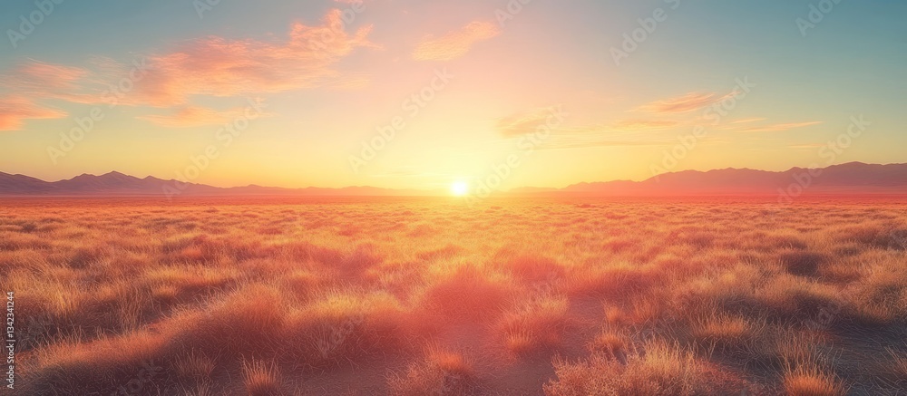 Fototapeta premium Sunset over grassy plains, mountains backdrop