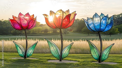 Three large colorful illuminated tulip flower sculptures displayed outdoors in sunlight