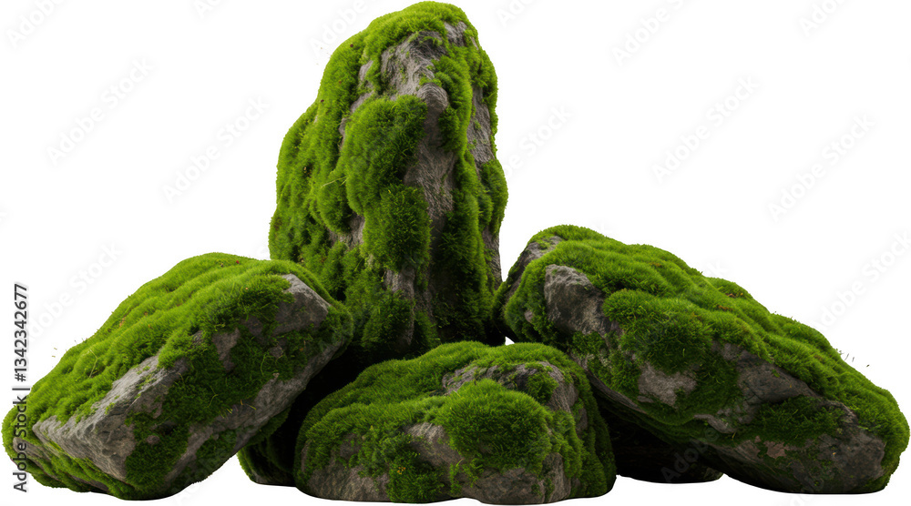 Fototapeta premium Lush Green Moss Covered Rocks Natural Stone Texture Background Image for Design