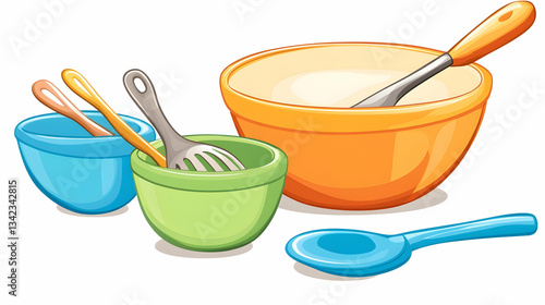 Baking ingredients in bowls and spoons; kitchen preparation; white background; recipe illustration