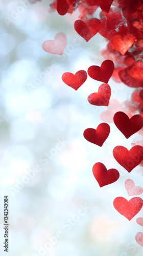 Falling red hearts floating over soft blue bokeh, representing romantic love and tender emotions against blurred luminous background