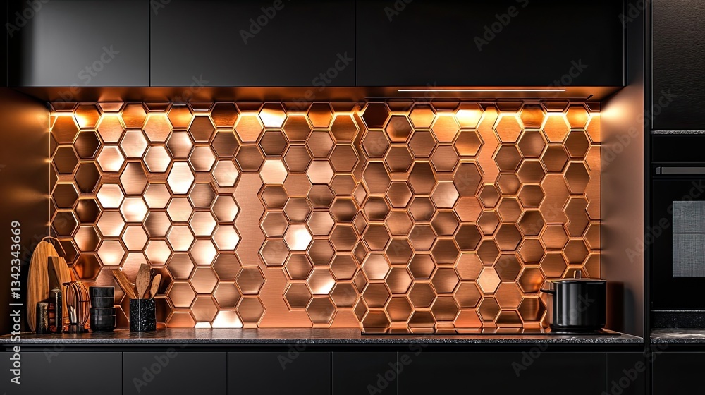 A unique modern kitchen with an abstract tile backsplash in shining copper and matte black