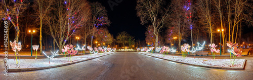 Alley with glowing flowers and butterflies. Festive decorations. Panorama. Taras Shevchenko Central Park. Kharkiv, Ukraine. 