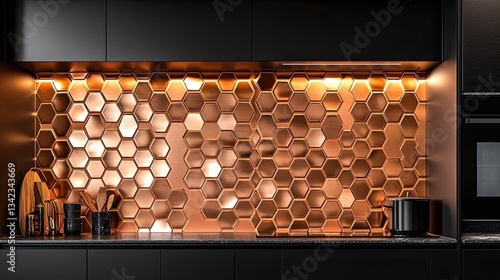 Obraz na płótnie A unique modern kitchen with an abstract tile backsplash in shining copper and matte black w salonie