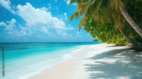 Beautiful beach with white sand, turquoise water, palm trees, and clear blue sky, tropical paradise, summer vacation mood perfect for travel agencies and tourism advertisements 