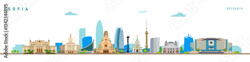 Sofia City skyline and landmarks colorful vector illustration, Bulgaria