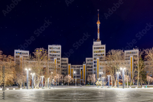 Derzhprom building. Night illumination. Kharkiv, Ukraine