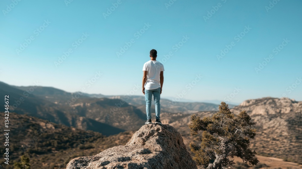 A person is engaged in yoga outside on a rocky ledge, overlooking a vast mountainous landscape under a clear blue sky. The natural scenery enhances the peaceful atmosphere A person is engaged in yoga outside on a rocky ledge, overlooking a vast mountainous landscape under a clear blue sky. The natural scenery enhances the peaceful atmosphere