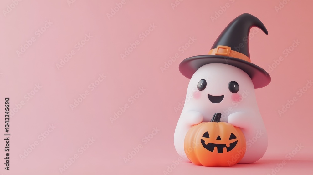 A cartoon ghost character with a pumpkin and a witch hat A cartoon ghost character with a pumpkin and a witch hat