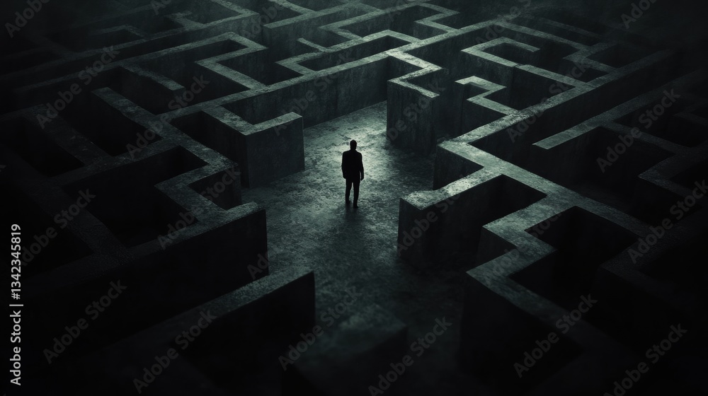 Dark and Mysterious Maze with a Solitary Figure Contemplating the Path Ahead in a Shadowy Environment Dark and Mysterious Maze with a Solitary Figure Contemplating the Path Ahead in a Shadowy Environment