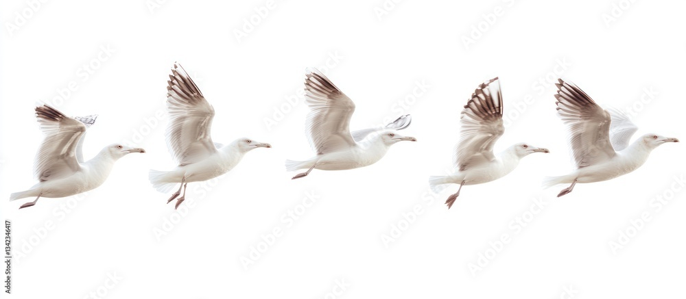 Obraz premium Five Seagulls Flying, White Background, Motion Sequence
