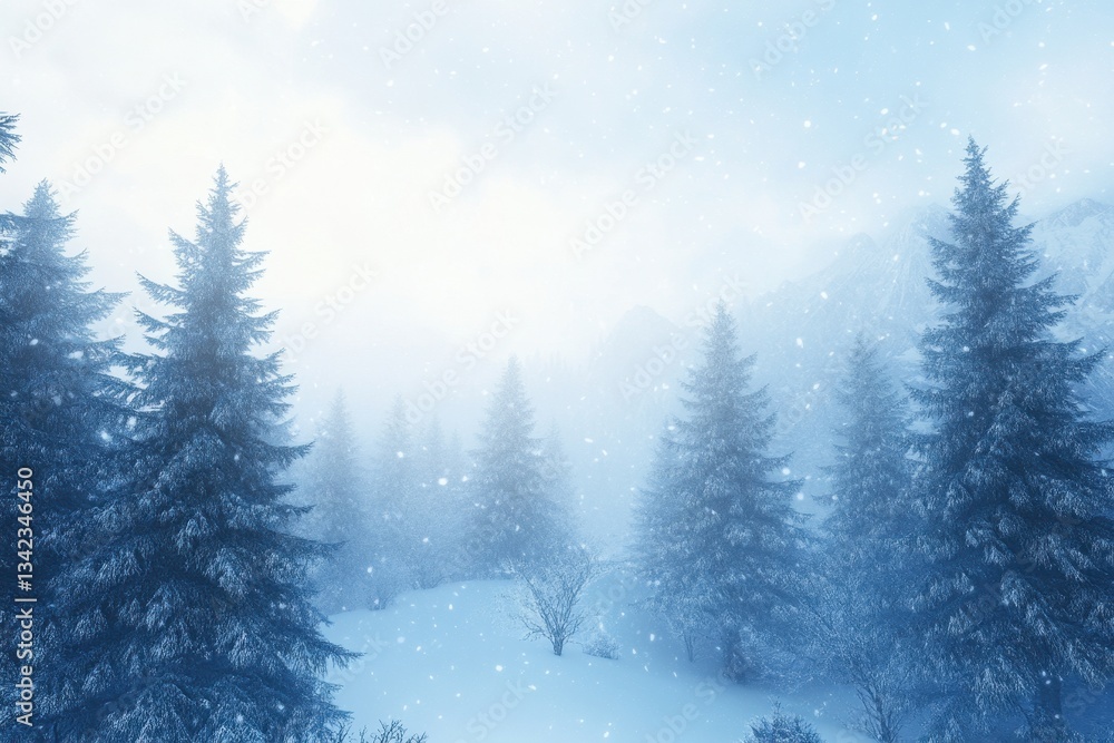 A snow covered winter wonderland filled with tall evergreen trees A snow covered winter wonderland filled with tall evergreen trees