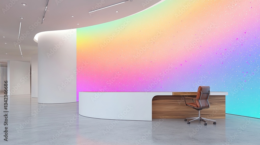 An art gallery-inspired office space with a high ceiling and a curved white wall displaying a vibrant ombre canvas splattered with neon colors An art gallery-inspired office space with a high ceiling and a curved white wall displaying a vibrant ombre canvas splattered with neon colors