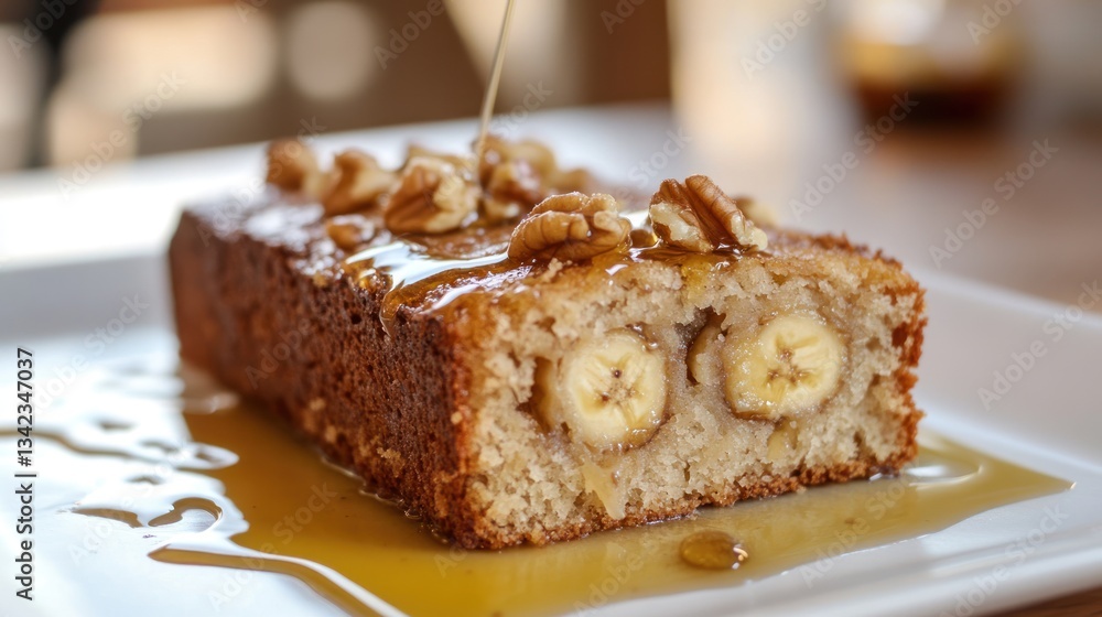 Delicious slice of homemade banana bread adorned with walnuts and maple drizzle perfection Delicious slice of homemade banana bread adorned with walnuts and maple drizzle perfection