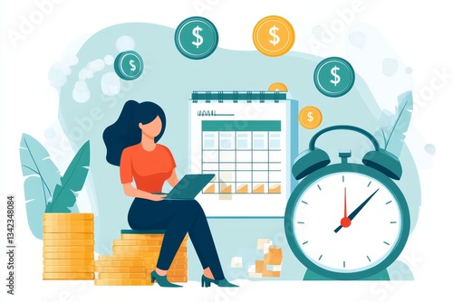 A calendar for keeping track of personal financial bill payments is laid out in a flat format, where a woman reviews her pay schedule or payroll to stay on top of tax, loan, and debt deadlines, as