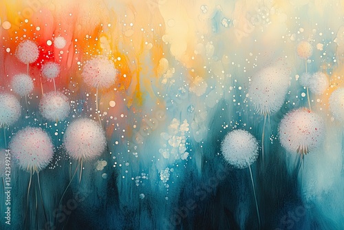 Whimsical watercolor painting of dandelion seeds against a vibrant sunset backdrop