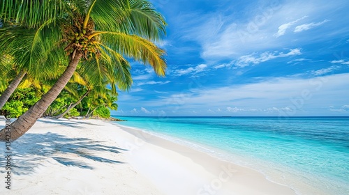 Beautiful beach with white sand, turquoise water, palm trees, and clear blue sky, tropical paradise, summer vacation mood perfect for travel agencies and tourism advertisements 