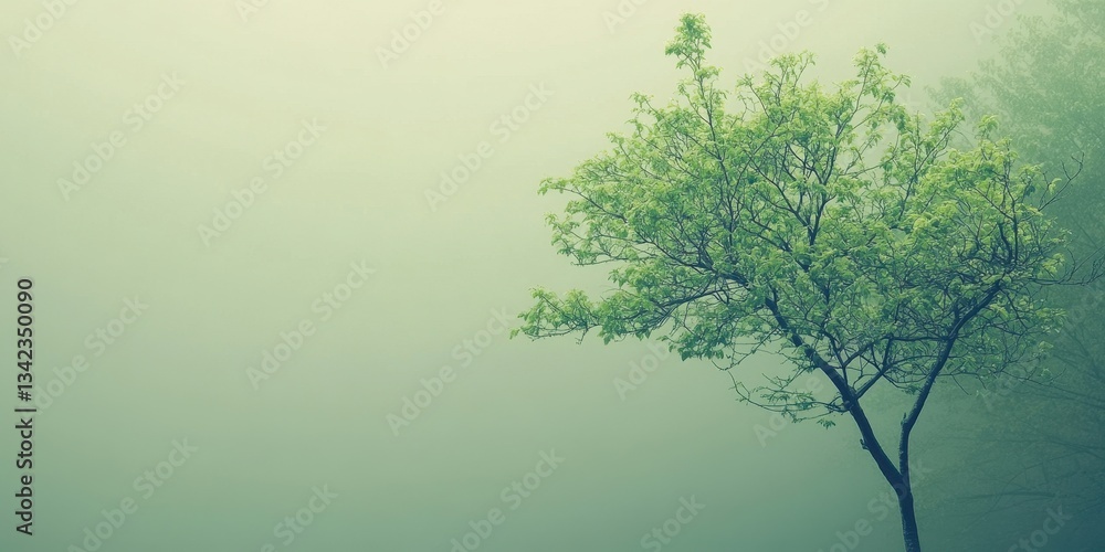 Fototapeta premium A green leafy tree partially emerging from a misty background
