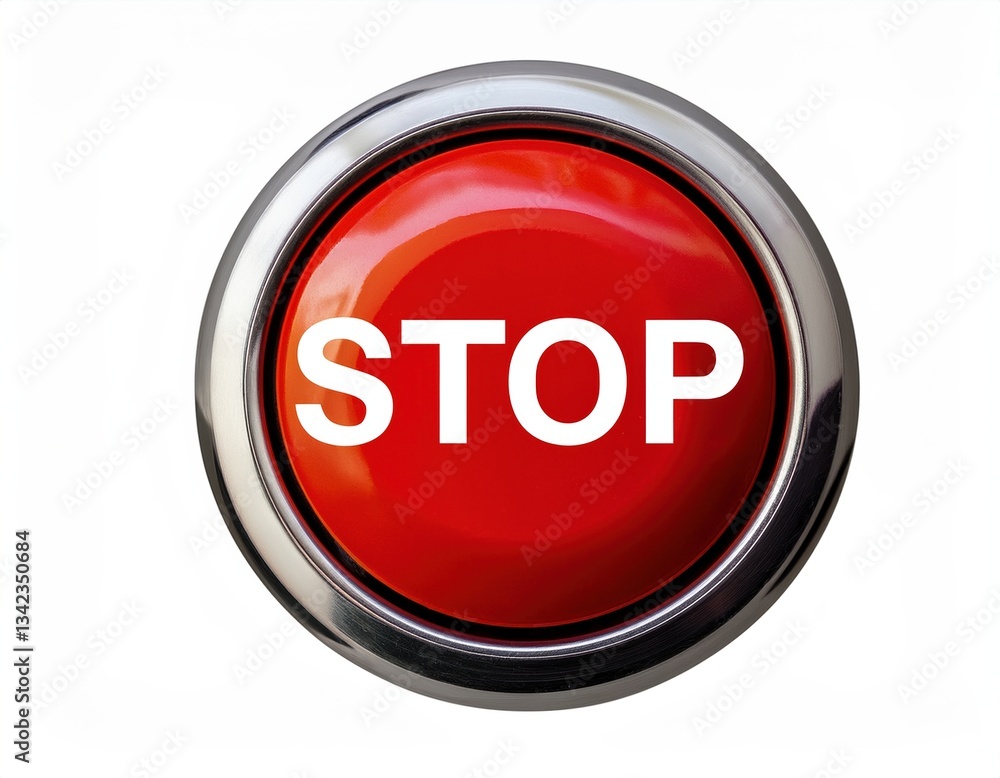 Bright red stop button with clear white text during daylight Bright red stop button with clear white text during daylight