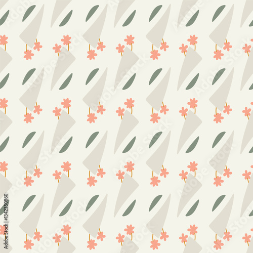 Seamless vector pattern with floral elements and simple geometric shapes. Light soft floral background.