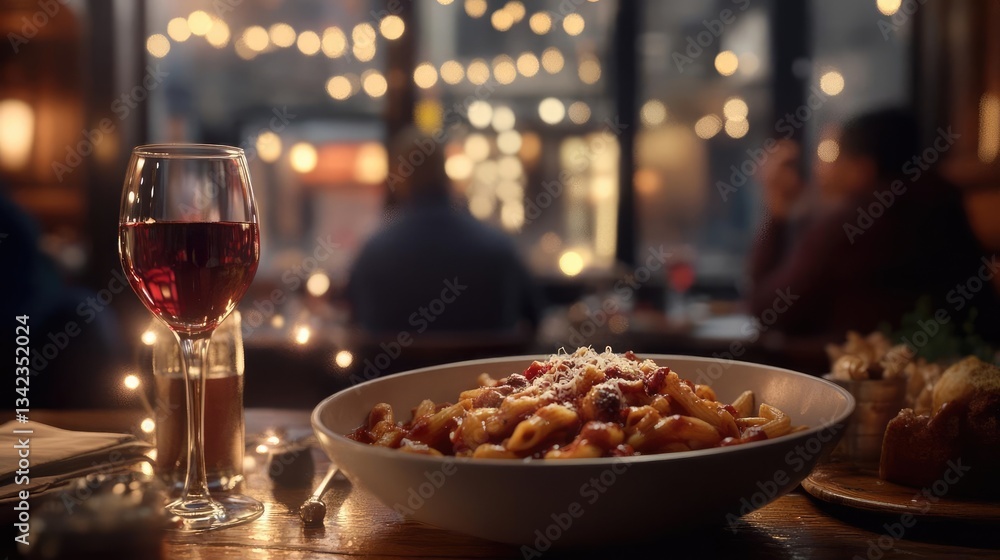 Naklejka premium Pasta Dish With Red Wine In Restaurant Interior Atmosphere With Warm Lighting Foodie Meal Photography And Restaurant Scene With Romantic Dinner Ambiance Tasty And Delicious Italian Cuisine Dishes