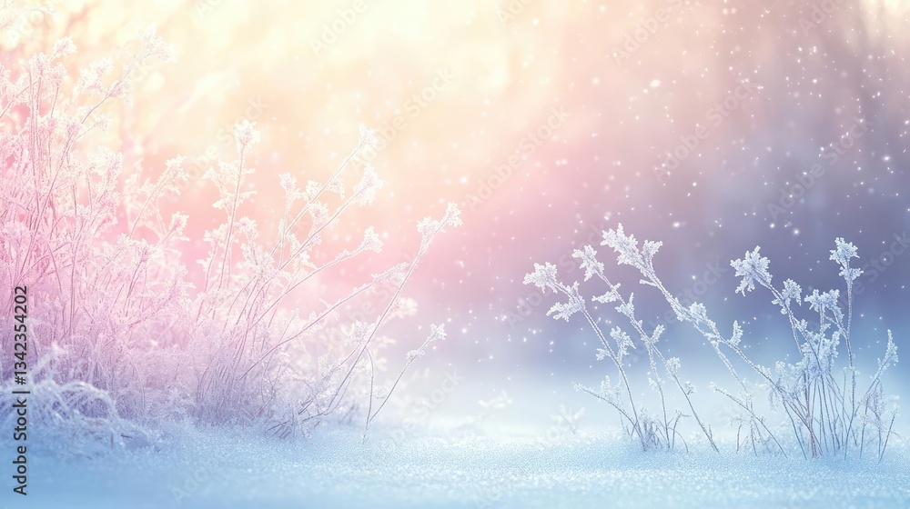 Pastel Winter Scene With Frost Covered Plants and Branches in Soft Colors of Pink Blue and White. Dreamy Winter Wonderland Background. Magical Winter Landscape with Light Effects. Tranquil Winter Pastel Winter Scene With Frost Covered Plants and Branches in Soft Colors of Pink Blue and White. Dreamy Winter Wonderland Background. Magical Winter Landscape with Light Effects. Tranquil Winter