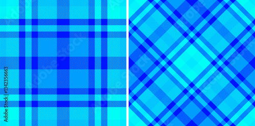 Vibrant blue plaid patterns, perfect for textile design, website backgrounds, or fashion projects.  These striking textures offer a bold, geometric aesthetic, representing modern style and energy.