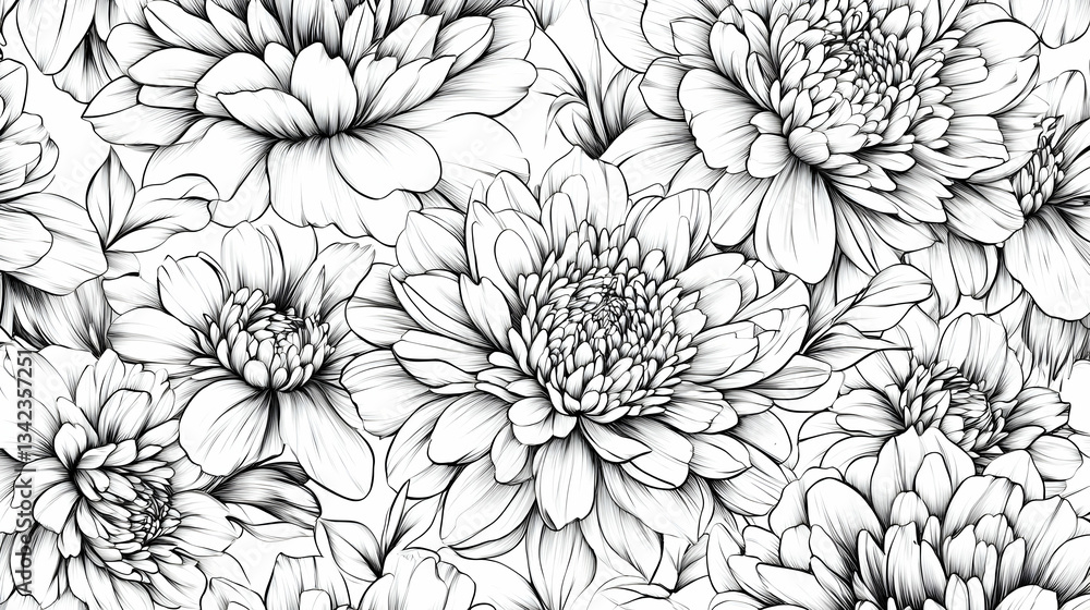 Black and white dahlia flower seamless pattern; floral textile design Black and white dahlia flower seamless pattern; floral textile design