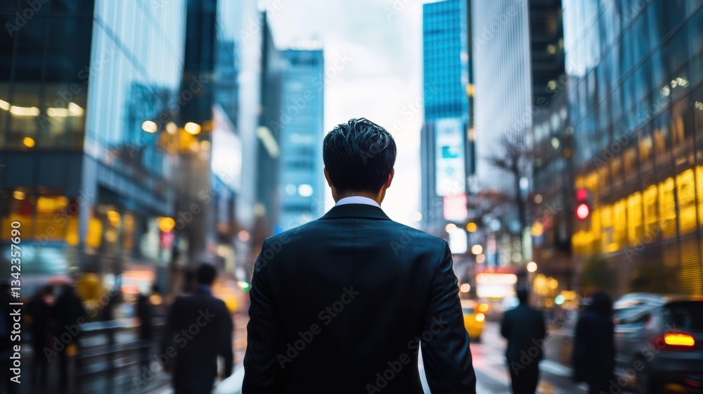 Businessman in Formal Suit Walking Through Urban City Street Surrounded by Modern Skyscrapers and Blurred Pedestrians in Morning Light Businessman in Formal Suit Walking Through Urban City Street Surrounded by Modern Skyscrapers and Blurred Pedestrians in Morning Light