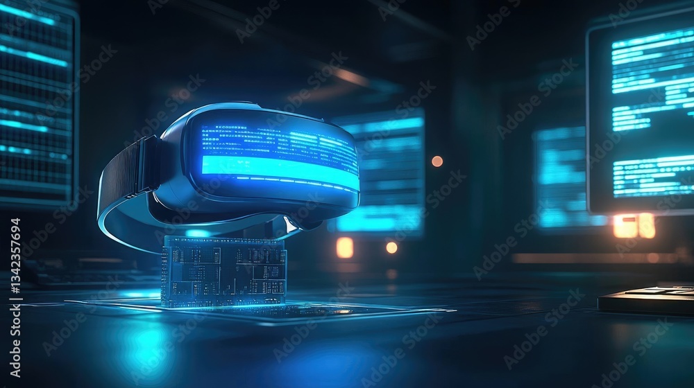 Obraz premium Futuristic Virtual Reality Headset on Glowing Display in a Dark Server Room Containing Computer Screens with Code and Data Networks Displaying Progress in Digital World with Abstract Sci Fi Elements