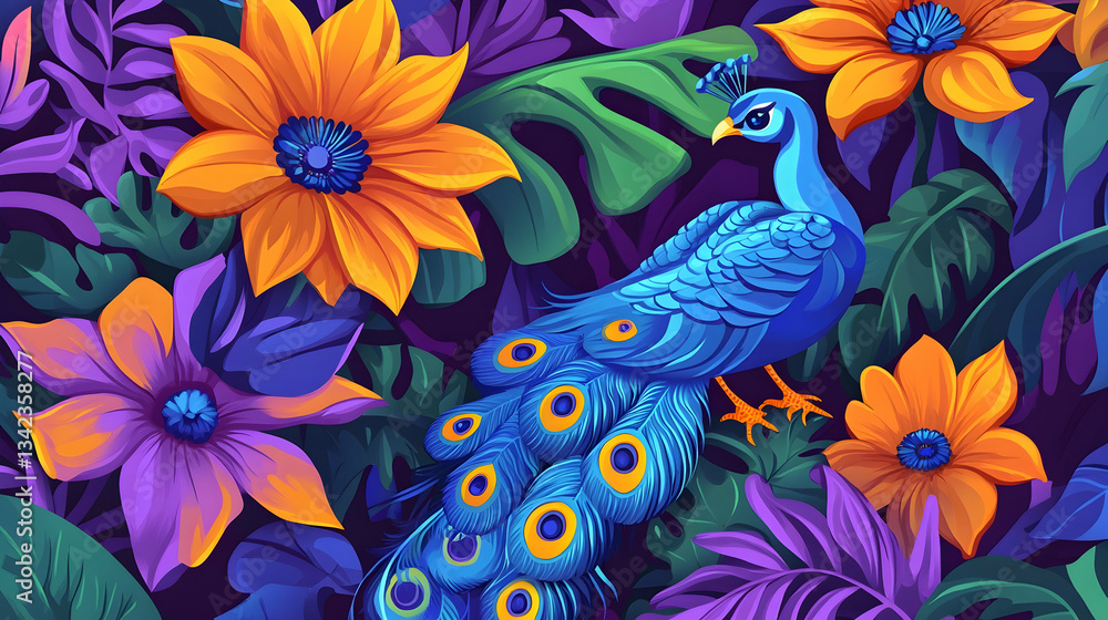 Obraz premium Blue peacock amidst vibrant tropical flowers and foliage; ideal for textile prints or vibrant wall art