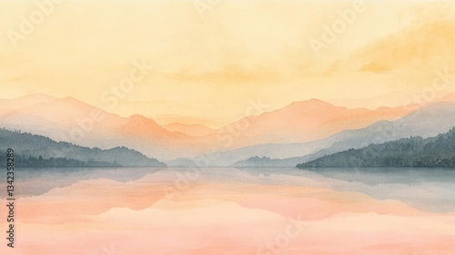 Pastel Sunset Over Calm Lake And Distant Mountains Landscape Photo Painting Illustration Design Element Background Image Visual Art Serene Scenery Relaxing Evening Calm Water Reflection Horizon