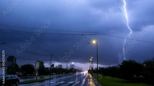 Stormy night city street, rain, lightning