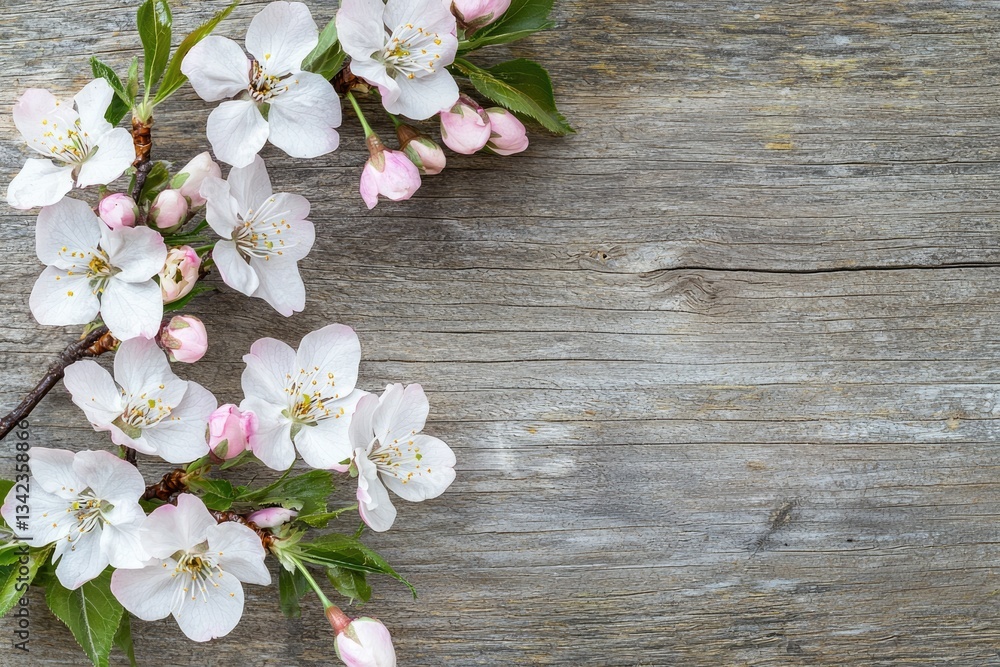 Fototapeta premium Delicate spring blossoms arranged on weathered wood, creating a serene and natural scene.