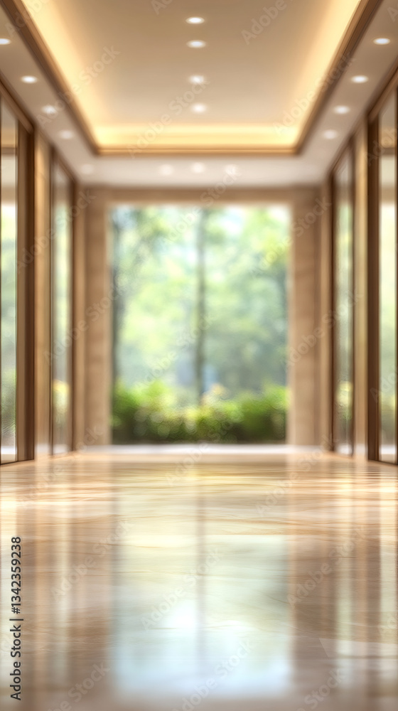 Fototapeta premium Blurred background of a luxurious hotel corridor with shiny marble floor leading to a bright window view of a green garden