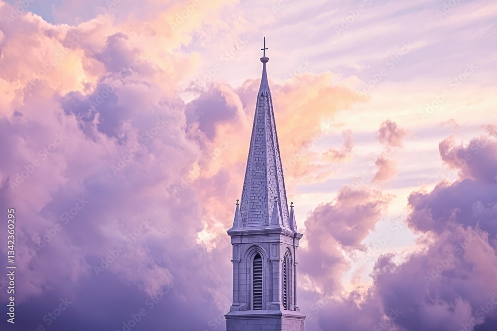 Fototapeta premium Church steeple piercing a breathtaking sunset sky, showcasing serene beauty and faith.