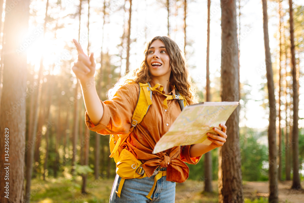 Naklejka premium Young woman holding map standing in forest. Relaxed woman hiker looking navigation searching route. Hiking concept