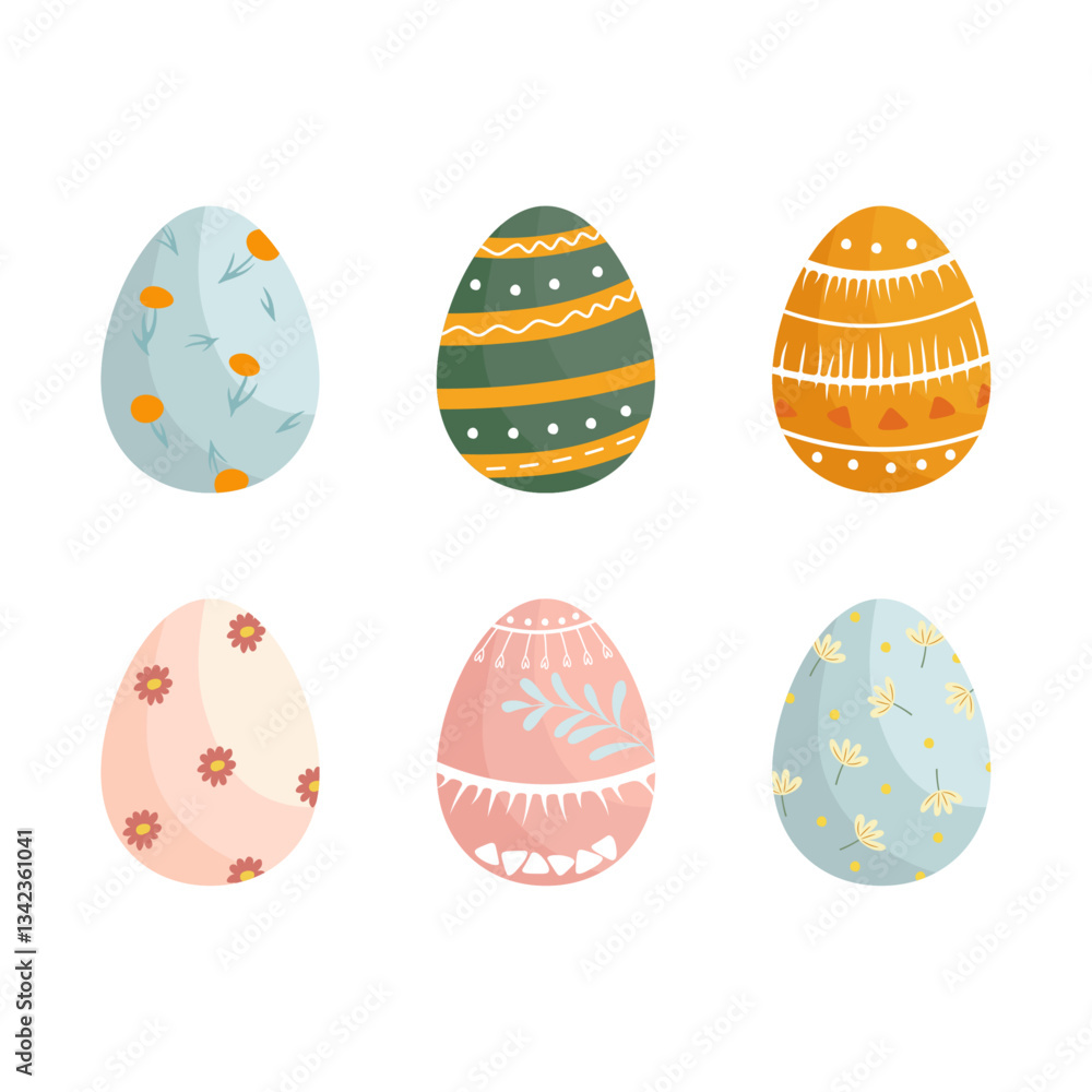 Set of six Easter eggs in cute doodle style. Collection of colorful holiday elements. Spring collection in bright colours Set of six Easter eggs in cute doodle style. Collection of colorful holiday elements. Spring collection in bright colours