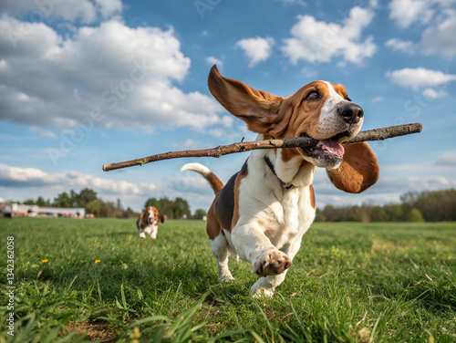 Basset hound joyfully runs through a sunny green field carrying a stick during a playful afternoon adventure