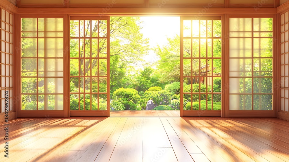 Obraz premium Serene Japanese Garden View Through Shoji Doors