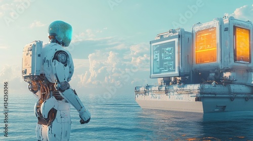 White Robot Space Explorer by Ocean at Sunset, Futuristic Digital Art