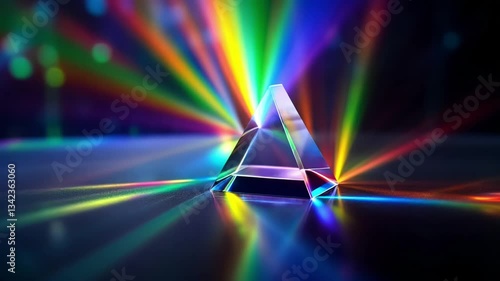A glass prism refracting colorful beams of light in all directions.