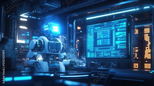 White Robot Operating a Computer in a Futuristic Blue Lit Room Cyberpunk Style Digital Art Illustration Concept Rendering Design Illustration Abstract Art Illustration Futuristic Scene Digital