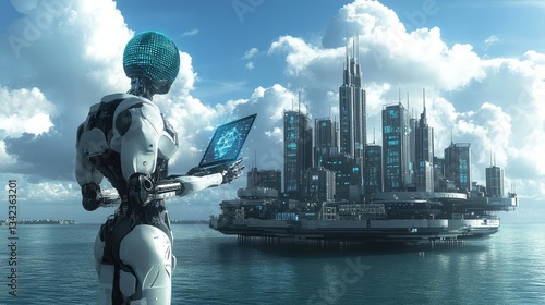 White Robot Using Laptop In Futuristic Seascape With Modern Cityscape Design And Architecture.Digital Art Illustration.3d Rendering.Computer Generated Imagery.High Tech Urban Landscape.Advanced
